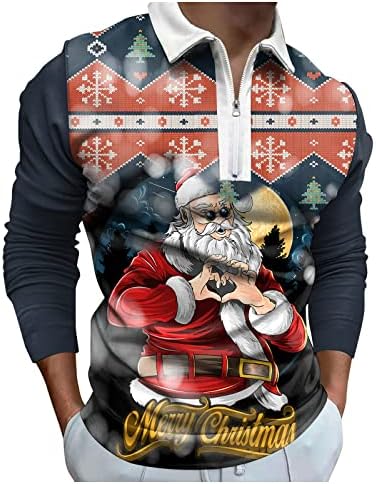 XXBR Коледни Мъжки Ризи Поло С Дълъг Ръкав И яка с цип, Дизайнерски Блузи, Забавна Коледна Риза За Голф С Принтом на Дядо Коледа