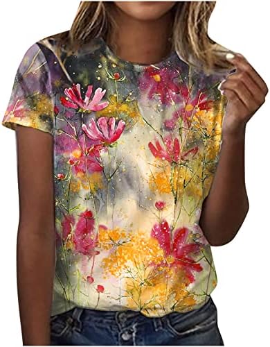 В памучна Тениска с Кръгло Деколте и Цветен Модел за Момичета, Лятото, Есента Топ Тениска за Жени, LQ, LQ