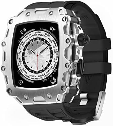 Комплект модификация MAALYA за Apple Watch Series 8 45 мм Series 7 45 мм и Метален панел + каишка от каучук за iWatch Series 6 SE 5 4 44 мм