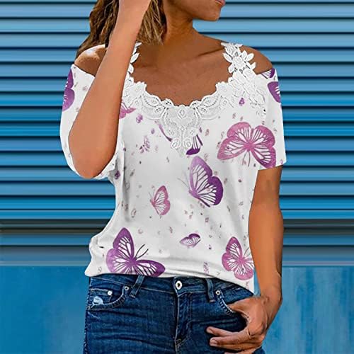 Camiseta de Encaje против Estampado de mariposas Mujer Blusa Manga Corta retazos y Cuello en V против hombros descubiertos