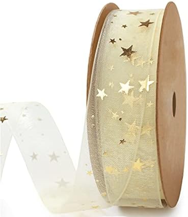 Прозрачна лента Holijolly Gold Star - Лента от снежна Прежда за Рожден Ден, Сватба, Коледа - 3/4 инча х 10 ярда