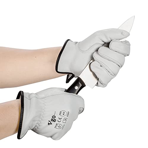 Вго... 1 Чифт работни ръкавици от козя кожа кожа EN388 Level C и ANSI A3, устойчиви на гумата (размер S, бял, GA9501HY)