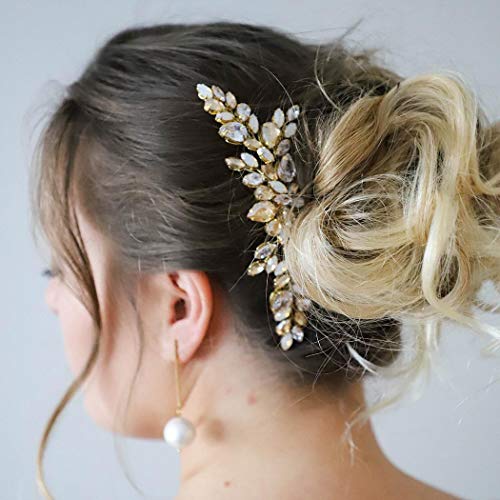 JONKY Кристален сватбена гребен за коса на булката, златна шнола за коса, фиби за коса с кристали, аксесоари за коса, сватбени странични