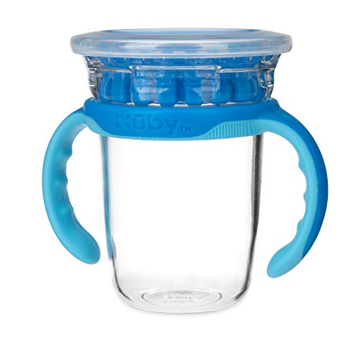 Двустепенни чаша за пиене Nuby 360 Edge с Подвижни дръжки и хигиенна капачка: 8 унции / 240 мл, 12 м +, синьо (80659)
