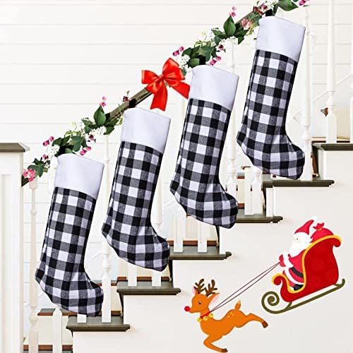 Коледни Чорапи Golcellia, 6 опаковки, 18 инча, Черно-бели Чорапи в клетка от Бъфало, Големи Персонални Чорапи за захващане към Камина за Семейна