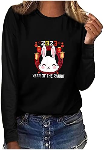 2023 Година на Заека Риза с дълъг Ръкав Дамски Модни Принт Пуловер Туника Тениски Празничен Сладко Отгоре Блуза С кръгло Деколте