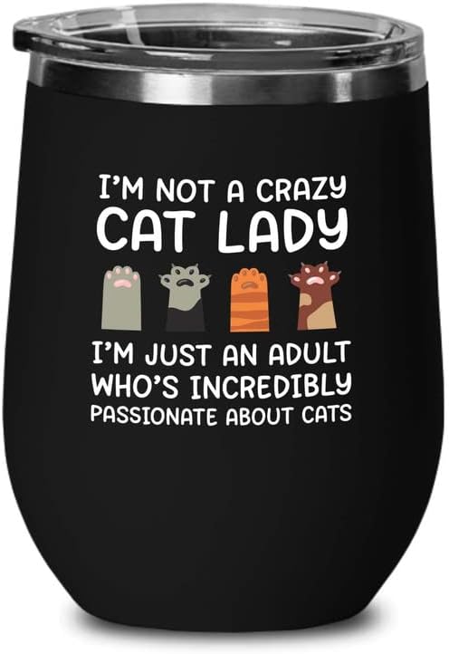 Чаша Черно вино Flairy Land Cat Lady 12 унции - Страстен котки -Забавни подаръци за котки, Майките Котки, Баби, Котки, Лапи Домашни