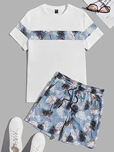 Мъжки дрехи LUBOSE от две части, Мъжка тениска с тропически принтом и къси панталони с завязками на талията (Цвят: многоцветен,