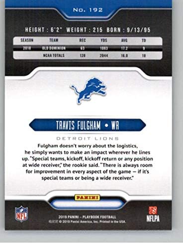 Сборник с пиеси на Панини 2019 192 Травис Фулъм Детройт Лайонз, търговска картичка начинаещи по футбол NFL