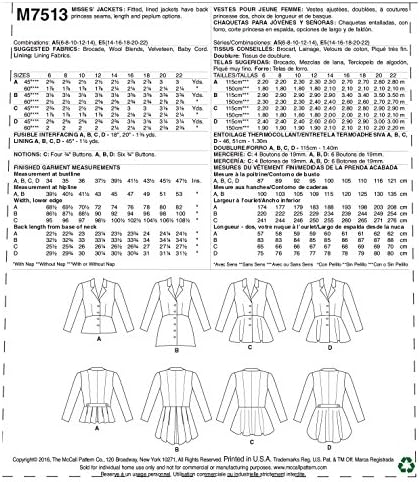 Сака McCall's Patterns M7513 E5 Miss's с вырезанным яка, баской, Размер 14-22 (7513)