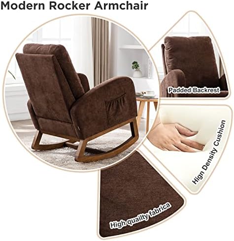 Модерно кресло-люлка с акцент, Мек стол-люлка Планер за детска стая, Удобен стол със странични джоб за хол (Кафе)