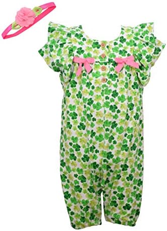 Облекло за Деня на Св. Патрик за малышки Бони Джин - Зелен гащеризон с Трилистником и превръзка на главата