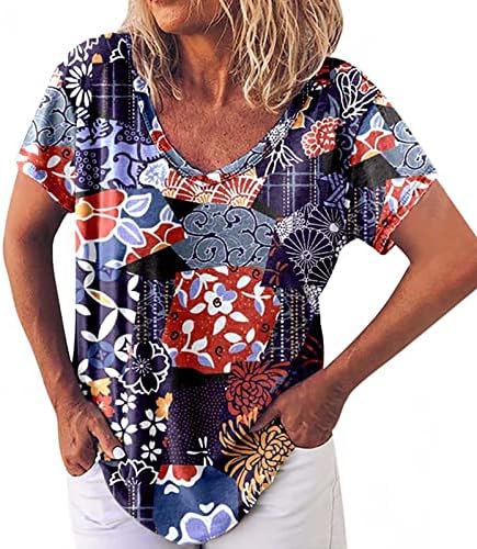 Есенно Лятна Блуза-Риза с Къс ръкав за жени 2023, Памучен Тениска с Дълбоко V-образно деколте и Графичен Дизайн, Ежедневен Тениска