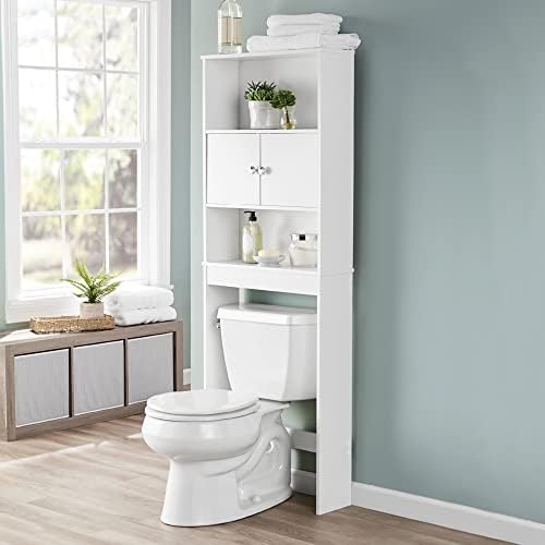 Бяло 23 инча. Шкаф за спестяване на пространство в банята с 3 фиксирани рафтове, базирани на тоалетна чиния за съхранение