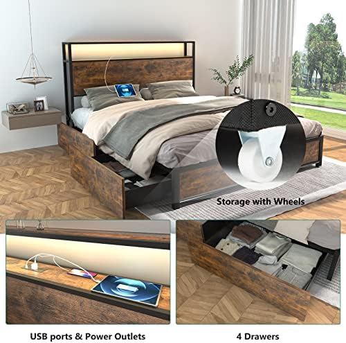 Рамка на легло Gitua с чекмеджета за съхранение в реален размер - Led лампи и зарядно устройство Метална Рамка легла с таблата,