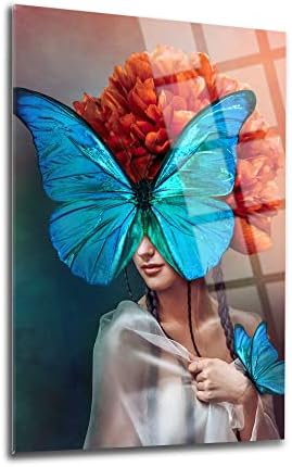 Стъклени Стенни живопис на тема жени и пеперуди, Стенен декор за дома, Хол, Антре, Спалня, светъл цвят, UV-печат, Трайно и закалено