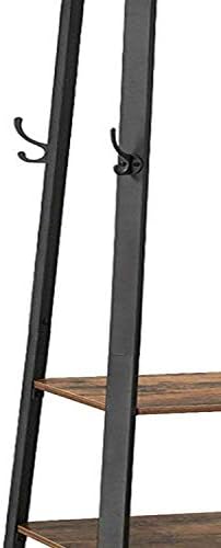 Закачалка за дрехи Benjara под формата на стълби с метална рамка и три дървени рафтове, кафява и черна