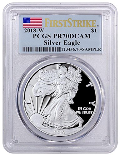 2018 W Silver Eagle 2018-W Proof Американски флаг Silver Eagle PCGS PR70 DCAM First Strike стойност от 1 долар на САЩ PR-70 щатски