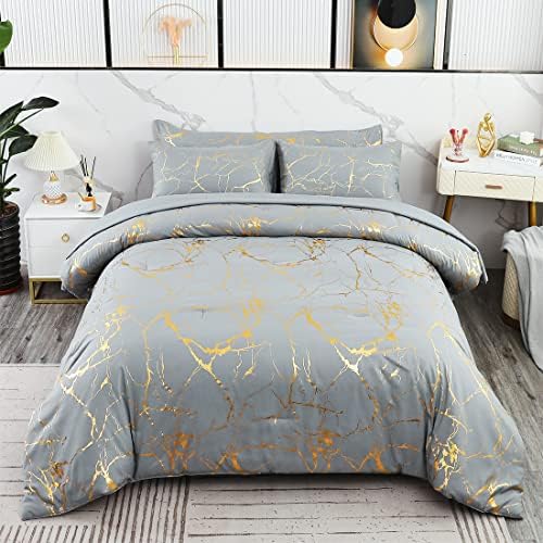 Комплект метални завивки URBONUR Queen Size - Легло в леглото от 6 теми, Комплект спално бельо с мраморна шарка и Метален
