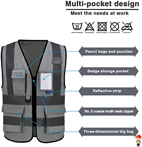 A-SAFETY Отразяваща Жилетка повишена видимост с джобове и цип, Работно жилетка Hi Elbi за мъже и Жени (Сив M)