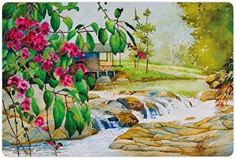 Подложка за домашни любимци с Лунен Пейзаж за храна и вода, Живопис, Акварел Пролетен Пейзаж в Тайланд, Водопад, Цъфтящи Дървета,