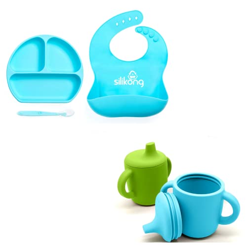 Силиконов комплект за хранене на бебето | Търтей за деца + Джоб пластрон + Гъвкава лъжица + 2 непроливающихся чаша.