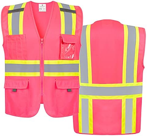 Жилетка за безопасност повишена видимост VICRR с 9 джобове, Светоотражающей панделка цип Отпред, Работен Елек за мъже и Жени (Малък, Розов)