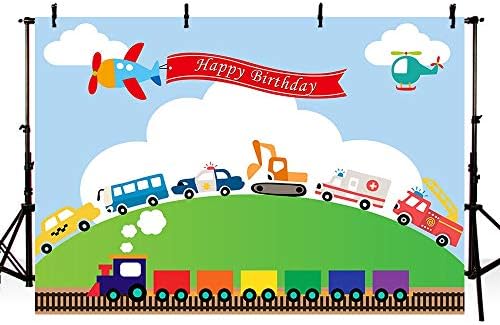 MEHOFOTO Транспорт Фон за Парти по случай рождения Ден на Автомобил, Влак, Самолет Автомобил, Камион Момче на 1-ви Рожден Ден на Синьо Небе,