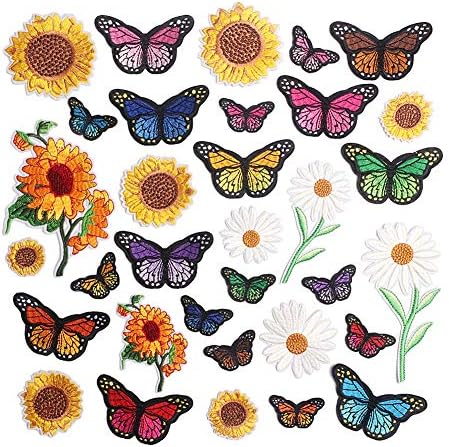 Бродирани Цветя Гладят на Нашивках за Дрехи, 33ШТ, Пришити Приложението под формата на Пеперуда Семки за Дрехи Рокля Растение Шапка Дънки