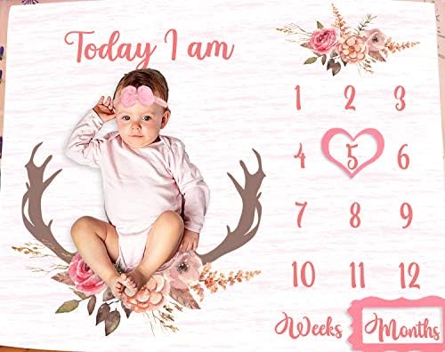 Одеало PHMOJEN Baby Monthly Milestone | Цветя от рога на елени с надпис | Rose | Месечно одеяло с графика на растежа на бебето