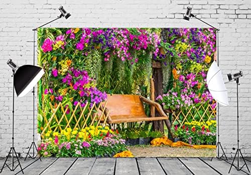 Loccor Плат 10x8 подножието на Красивите Пролетни Цветя Фон Лилаво Цвете Парк Дървени Пейки Огради Фон За Снимки на Декорации За Чай