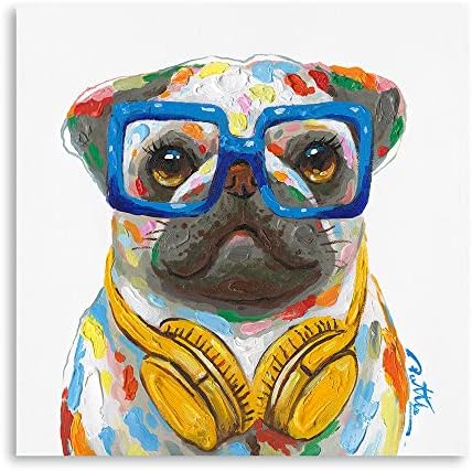 Мопс Френски Булдог Стенно изкуство - Забавно Куче Платно Плакат за Детска стая 12x12 инча - Колоритен Кученце със Слушалки