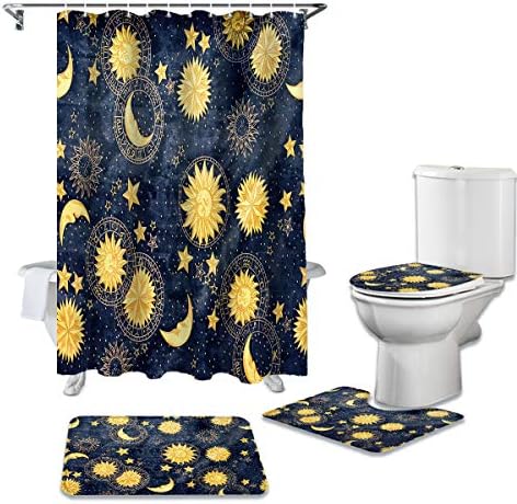 Комплекти Завеса за душ от 4 теми с подови изтривалки на разположение за баня, Нощен Реколта Луната, Слънчевата Звезда, Нескользящий