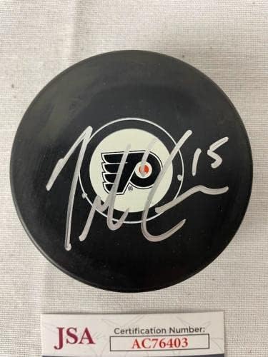 Тай Макгинн подписа хокей шайба Филаделфия Флайърс с автограф от JSA AC76403 - за Миене на НХЛ с автограф