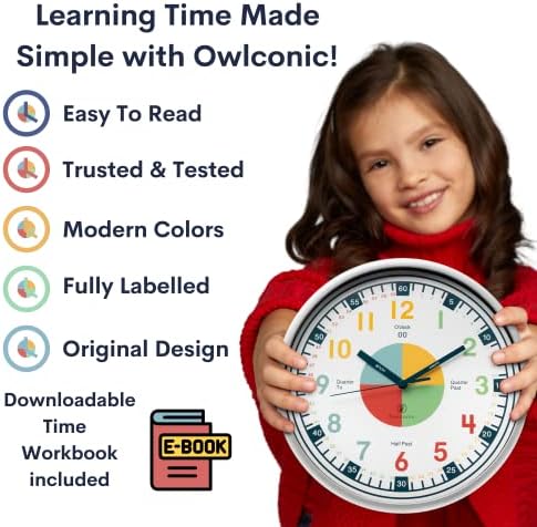 Обучителни Часове OWLCONIC, Показващ Времето за деца, Часовник - Аналогов Часовник за Детски Стаи, Игри стая, Домашно училище декор,