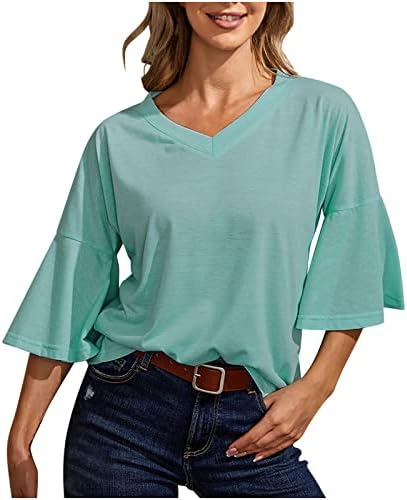 Блуза, Риза за Жени 2023 С Къс Ръкав-Клеш и Дълбоко V-образно деколте, От Памук Свободно Намаляване на Основните Риза за Късна закуска