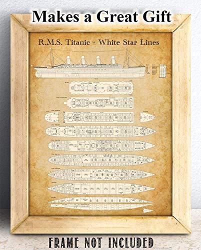 R. M. S. Титаник - План на палубата White Star Lines - Патентен разпечатки без рамка 11x14 - Чудесен подарък и декор за любителите