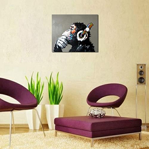 Музагру Арт Музикална Маймуна със Слушалки Маслени Картини и Ръчно Рисувани върху Платно Стенно Изкуство за Хола Шимпанзетата Медии Стая