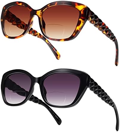 LADEESSE Бифокални Очила За Жени Cateye Стилни Очила За Четене 2 Опаковки UV400 Увеличителни Очила За Четене