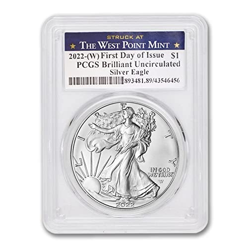 2022 (W) 1 унция на диаманта American Silver Eagle без лечение (Първия ден на издаване - отчеканен на монетния двор на Уест-Пойнта)