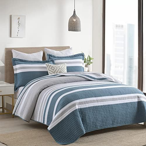 PERHOM Quilts Queen Size - Комплект спално бельо в синьо-сиво бяла ивица Queen Quilt, Памучни Ватирани одеала в ивицата