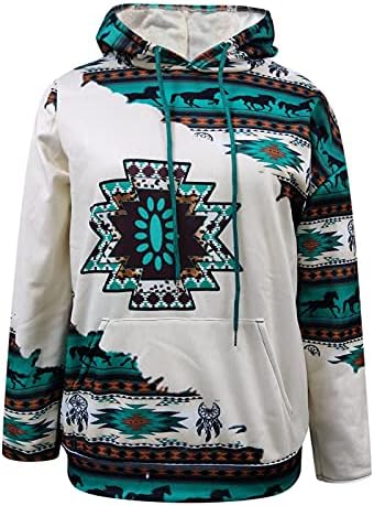 Блузи с коне за жени, пуловер, hoody в стил Уестърн ацтеките, етническа реколта ежедневни блузи с качулка и дълъг ръкав, с джоб