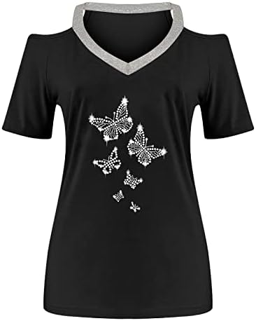 Тениска Дамска Лятна Есенна Дрехи с Открити Рамене Модни Памучен Тениска с Къс Ръкав V Образно Деколте с Графичен Дизайн за Жени 3C 3C
