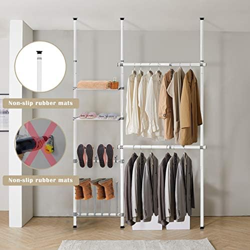 Tangkula 2-Степенна Регулируема Система за Гардероб, Закачалка за дрехи от пода до тавана с Рафтове за съхранение и Куки за обувки,