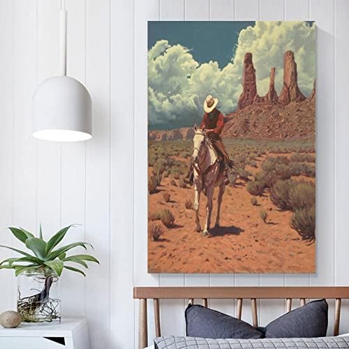 Западен Каубой, възседнал на Бял Кон в Дивата Пустиня Художествен Плакат на Платно и Стенни Художествена картина с Принтом -YangTing