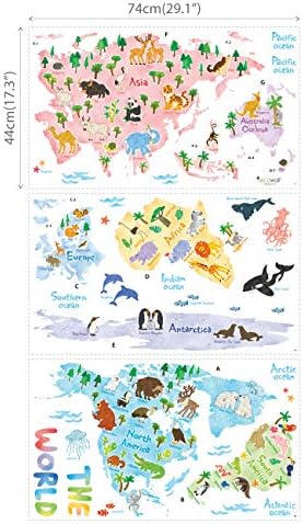 DECOWALL DLT-1615 Карта на света, на животни, Детски Стикери за Стена, Стикери за Стена, Подвижни Стикери за Стена за Детска, Спалня, Хол (XLarge), Декор