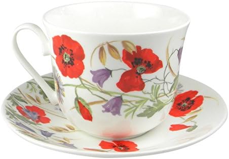 Комплект Чаени Чаши и блюдец за Закуска с Цвете на Английски Поляна Мак Roy Kirkham от Фин Костен Порцелан