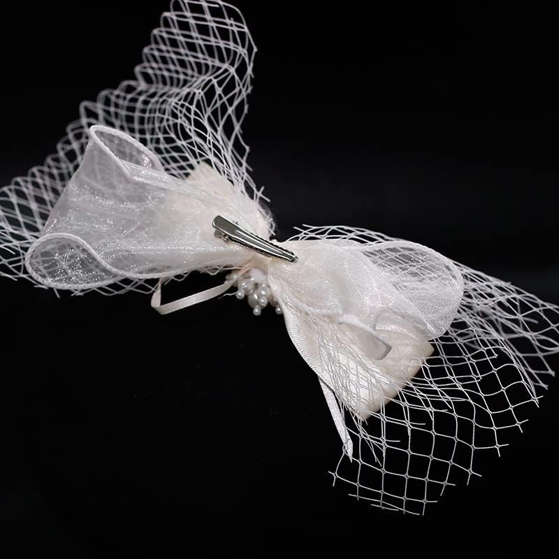 LEPSJGC Сватбена прическа на булката с мрежесто лък, шнола за коса с цветя модел, Сватбена рокля и Аксесоари за грим (Цвят: бял, размер: както е показано)
