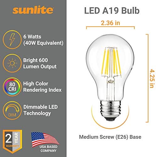Led лампа Sunlite 81109 Edison A19, 6 W (еквивалент на 40 Вата), 600 Лумена, Средна база E26, с регулируема яркост, Конец с нажежаема