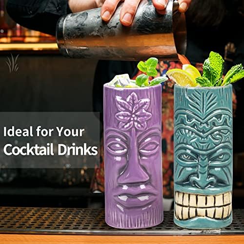 SuproBarware Tiki Mugs Комплект от 4 Керамични Хавайски Steins за Партита, Големи Съдове за напитки, Тики-Бар Чаши за Коктейли, Тропически
